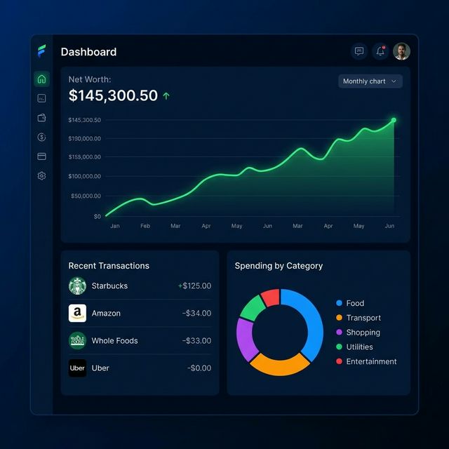 Consul Money dashboard showing net worth, transactions, and spending categories